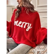 ELF Women's Christmas Sweaters Long Sleeve Turtleneck Letter Embroidery Pullover Casual Knit Tops